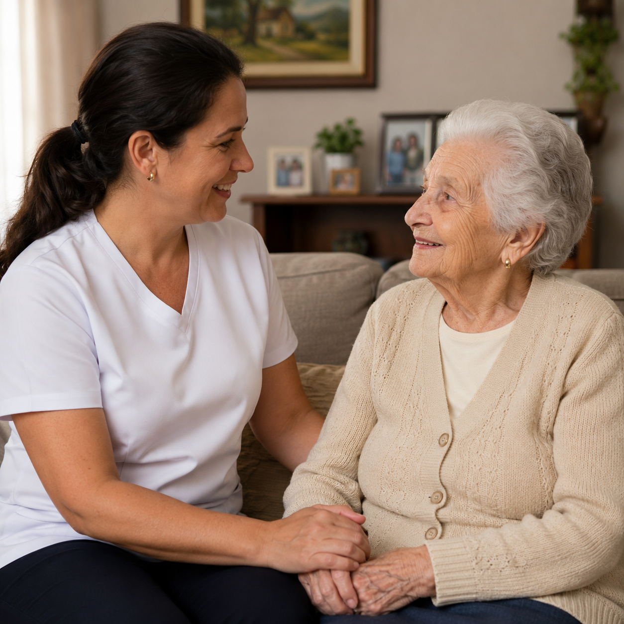 Cuidadora acompanhando idosa em domicílio